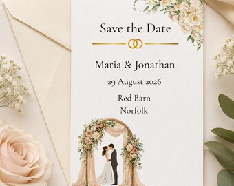 Personalised Floral Save the Date, Romantic Blush Wedding Stationery, Gold Arch Detail