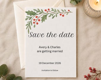 Personalised Winter Save the Date, Christmas Holly and Berry Digital Card