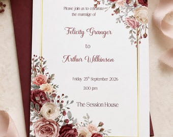 Wedding Invitation Personalised, Burgundy Blush Invite, Printed Wedding Stationery
