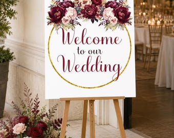 Wedding Welcome Sign,  Personalised, Burgundy Floral