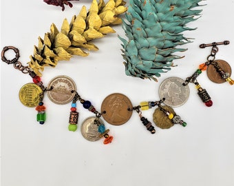 Woman's bead and coin bracelet