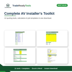Könnte beinhalten: Ein digitales Toolkit mit dem Titel Complete AV Installer's Toolkit von TradeReadyTools, das 12 Angebotstools, Rechner und Arbeitsvorlagen enthält. Die Anzeige zeigt vier Vorschaubilder von Tabellendokumenten mit grünen und gelben Kopfzeilen.