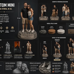 Könnte beinhalten: Eine individuelle 3D-gedruckte Harz-Miniaturfigur eines Paares auf einem strukturierten steinartigen Sockel mit dem Text Mattia & Giulia 15.07.2024. Die Darstellung zeigt verschiedene Anpassungsoptionen, Größenvergleiche und den Herstellungsprozess.