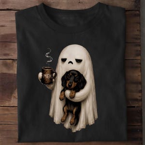 Grumpy Ghost Dachshund T Shirt, Halloween Wiener Dog Tee, Puppy and Coffee
