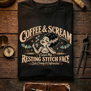 May include: A black t-shirt featuring a graphic of a female character with dark hair and stitches holding a skull-patterned mug. The text reads: COFFEE & SCREAM Cures My RESTING STITCH FACE Cute Creepy & Caffeinated. The design includes two small bats.