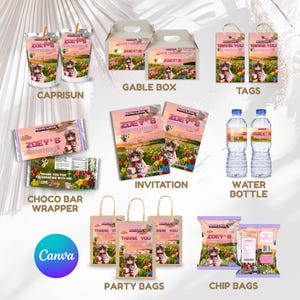 May include: A collection of Minecraft-themed party supplies featuring a character in a flower field, including juice pouches, gable boxes, gift tags, chocolate bar wrappers, invitations, water bottle labels, party bags, and chip bags with text.