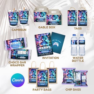 May include: A collection of video game themed party supplies featuring a character with headphones, including Caprisun pouches, a gable box, gift tags, chocolate bar wrappers, an invitation, water bottle labels, party bags, and chip bags.