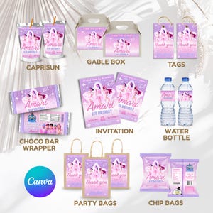 May include: A collection of purple and pink birthday party supplies featuring a space theme with stars and planets. Items include juice pouches, gable boxes, gift tags, invitations, water bottles, chocolate bar wrappers, party bags, and chip bags.