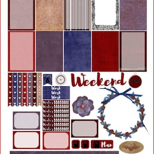 May include: A selection of planner stickers and decorative elements in red, blue, and brown. Features patterned backgrounds, banners, labels, and a floral wreath. The word "Weekend" is displayed in a prominent position.