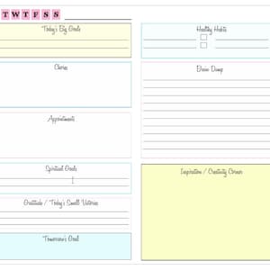 May include: A daily planner with sections for goals, chores, appointments, and more. The planner includes space for "Today's Big Goals," "Healthy Habits," and "Inspiration / Creativity Corner." The days of the week are listed at the top.