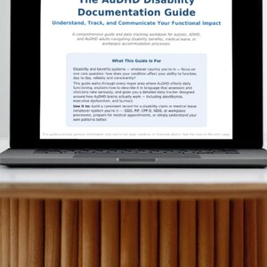 AuDHD disability documentation guide — Autism ADHD symptom tracker, executive dysfunction log, disability claim worksheet, printable pdf