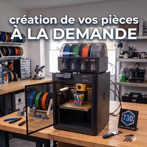 May include: A black Bambu Lab P1S 3D printer with an AMS unit holding four filament spools in blue, green, orange, and grey. The printer features a glass door, an internal print head, and a multi-coloured object on the build plate. Text reads: création de vos pièces À LA DEMANDE.