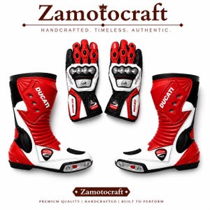 May include: A pair of red, white, and black motorcycle boots and matching gloves featuring the Ducati Corse logo. The boots have protective panels and the gloves include knuckle armour. The text Zamotocraft appears at the top and bottom.