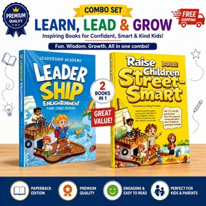 May include: A combo set of two paperback books titled Leadership Enlightenment and Raise Children Street-Smart. The blue book cover features children on a boat, while the yellow book cover displays children on a deck with text detailing over 150 real-life growth scenes and analyses.
