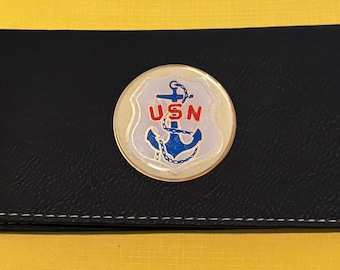 USN Navy Faux Leather Black Checkbook Cover