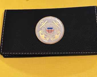 USCG Coast Guard  Faux Leather Black Checkbook Cover