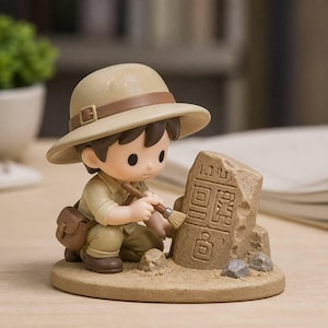 Pode incluir: Uma pequena estatueta de um explorador com chapéu e traje bege, ajoelhado sobre uma base circular. A figura segura um pequeno pincel, limpando uma placa de pedra texturizada com símbolos geométricos esculpidos e linhas.