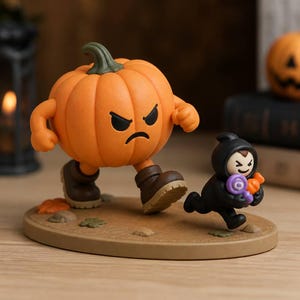 Pode incluir: Uma estatueta apresentando um personagem de abóbora laranja com expressão zangada, usando botas castanhas, perseguindo uma pequena figura num traje preto com capuz que segura um chupa-chupa roxo e um doce laranja numa base oval bege.
