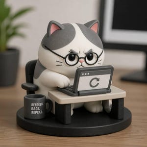 以下が含まれることがあります： 丸い黒縁メガネをかけたグレーと白の猫のフィギュア。更新アイコンが表示されたノートパソコンを操作してデスクに座っています。デスクには「REFRESH. RAGE. REPEAT.」と書かれた小さなグレーのマグカップが置かれています。全体は丸い黒い台座の上に固定されています。