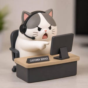Könnte beinhalten: Eine Figur einer grau-weißen Katze, die auf einem dunkelgrauen Bürostuhl an einem Schreibtisch sitzt. Die Katze trägt ein schwarzes Headset, hat einen wütenden Gesichtsausdruck und zeigt auf einen Computermonitor. Ein Schild trägt die Aufschrift CUSTOMER SERVICE.