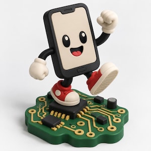 Op de afbeelding: Een smartphone-figuurtje in cartoonstijl met een zwart frame, crèmekleurig scherm en een vrolijk gezicht. Het figuur heeft zwarte armen, witte handschoenen en rode sneakers, staand op een groene printplaatbasis met goudkleurige elektronische banen.
