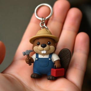 May include: A keychain featuring a brown beaver character wearing a tan hat and blue overalls. The beaver holds a gray hammer in one hand and carries a small red toolbox in the other. The figure has white teeth and a dark brown tail.