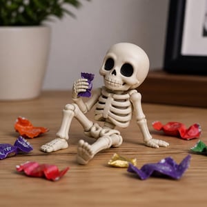 May include: A small, off-white skeleton figurine with large, dark, circular eye sockets, sitting in a relaxed pose while holding a small purple candy wrapper. Several colorful, crinkled candy wrappers in red, purple, orange, and gold are scattered around the base of the skeleton.