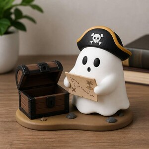 Fyllig fantomskattsökare, handmålad 3D-tryckt figur, piratspöke-skrivbordsskulptur, rolig läskig samlarkonst