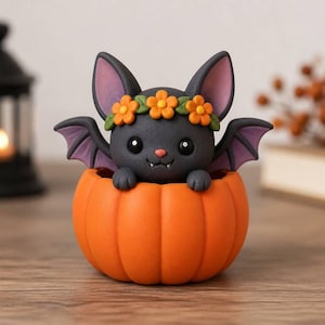 Könnte beinhalten: Eine dunkelgraue Fledermausfigur mit großen Ohren, violetten Flügelinnenseiten und einer kleinen rosa Nase, die einen Kranz aus orangefarbenen Blumen mit grünen Blättern trägt. Die Fledermaus sitzt in einem leuchtend orangefarbenen Kürbisgefäß.