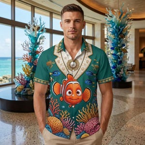 May include: A short-sleeved button-down shirt featuring a teal background with a vibrant print of a clownfish, blue tang fish, sea turtles, and colourful coral reef patterns. The shirt includes a white collar section with a circular gold emblem.