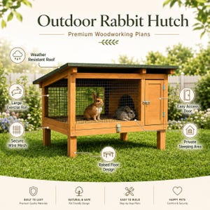 May include: An outdoor rabbit hutch with a wooden frame, wire mesh walls, and a slanted roof. The structure features a raised floor, a private sleeping area, and an easy access door. Two rabbits are inside the hutch, which is labeled as premium woodworking plans.