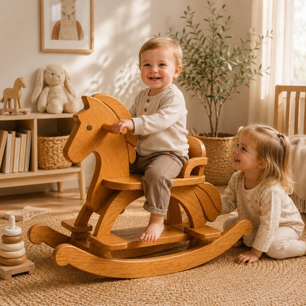 Cheval à Bascule Miniature En Bois - Accessoire Maison De Poupée 1:12, Bouleau, 7,5 Cm, Rose