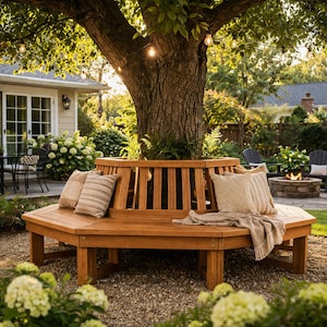 May include: A hexagonal wooden tree bench encircling a large tree trunk, featuring a slatted backrest and a flat seat. The bench is adorned with several beige and striped throw pillows and a draped cream-colored throw blanket with fringe.