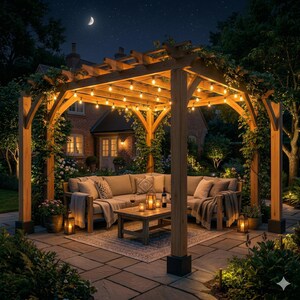 May include: A wooden pergola structure with string lights illuminating a patio area. Beneath the pergola sits a sectional sofa with light-coloured cushions, a wooden coffee table, and a patterned rug. Green climbing plants grow on the posts.