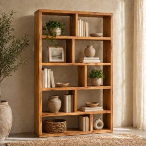 Pode incluir: Uma estante de madeira alta e retangular com um design de estrutura aberta, apresentando várias prateleiras assimétricas. A unidade está preenchida com vários itens decorativos, incluindo plantas em vasos, livros empilhados, vasos de cerâmica, tigelas e um cesto trançado.