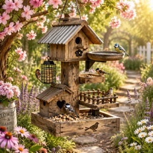 May include: A multi-level wooden bird feeder featuring a hanging wire cage, a small house with a heart-shaped cutout, a bird bath, and multiple feeding platforms. Several small birds are perched on the structure, which is filled with seeds.