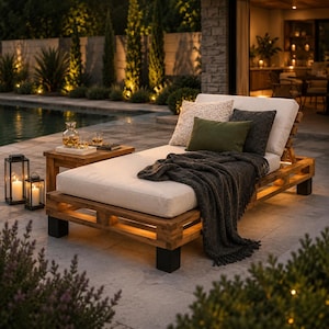 May include: A wooden pallet lounge chair with a thick off-white cushion, a dark charcoal throw blanket, and two decorative pillows in olive green and cream. The frame features integrated warm lighting and sits on a stone patio near a pool.