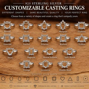 Könnte beinhalten: Eine Kollektion von anpassbaren 925er Sterlingsilber-Ringfassungen mit verschiedenen Steinformen, darunter rund, oval, birnenförmig, Marquise, Kissen, Smaragd, Asscher, Prinzessin, Radiant, Trillion, Herz, Baguette und geometrische Designs.