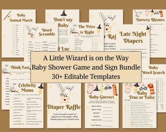 May include: A collection of baby shower game templates featuring a wizard theme with cream backgrounds, brown text, and illustrations of owls, lightning bolts, wizard hats, and scarves. The central text reads A Little Wizard is on the Way.
