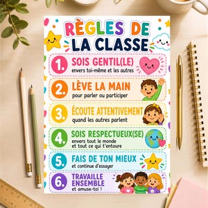 May include: A classroom rules poster with the title RÈGLES DE LA CLASSE and six numbered points in French, featuring colorful illustrations of a heart, a child, a globe, and a star, surrounded by pencils, a ruler, and paper clips.