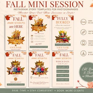Puede incluir: Un conjunto de seis plantillas digitales de historias de Instagram para fotógrafos con diseños de temática otoñal, recortes de hojas de arce, follaje estacional y texto que incluye FALL MINI SESSION y FULLY BOOKED.