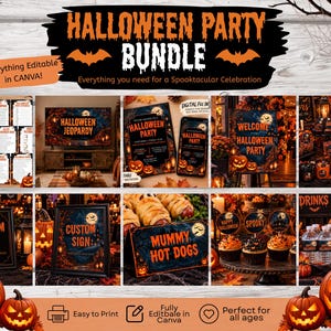 May include: A Halloween party bundle featuring editable digital templates for invitations, signs, games, and labels. The design includes orange and black graphics with pumpkins, bats, and spooky text. The set includes items like a Jeopardy game, welcome signs, and food labels.