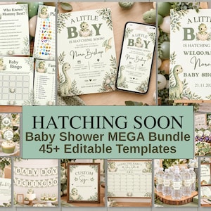 May include: A baby shower mega bundle of 45+ editable templates featuring a dinosaur theme with sage green and cream colors. The collection includes invitations, welcome signs, games, cupcake toppers, water bottle labels, and banners with text.