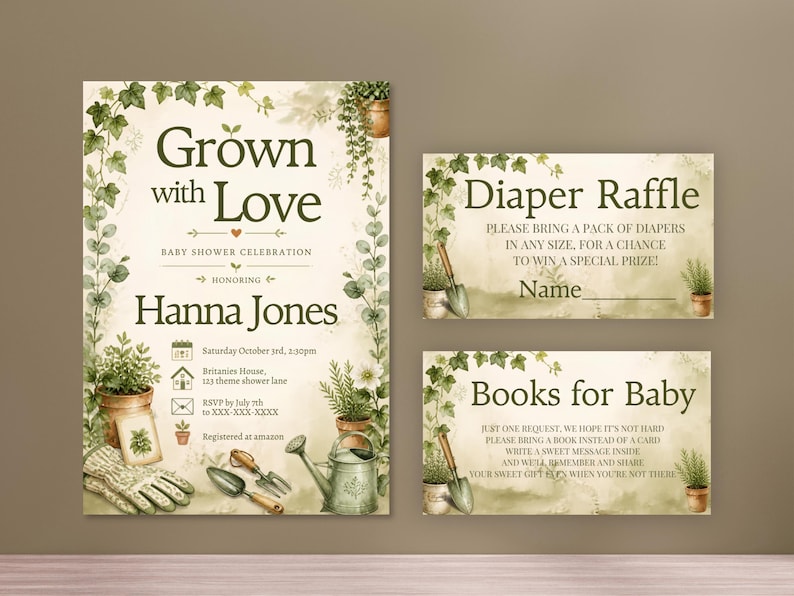 Party Invite Raffles Grown With Love Baby Shower Invitation Set; Locally Grown Little Sprout ...