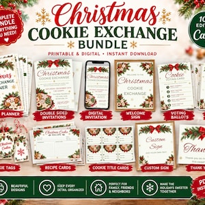 Pode incluir: Um conjunto para troca de biscoitos de Natal com um planejador de 20 páginas, convites frente e verso, um convite digital, placa de boas-vindas, cédulas de votação, cartão de regras, etiquetas, cartões de receita, placas e agradecimentos.