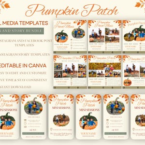 Può includere: Un set digitale di modelli per social media dedicati a sessioni fotografiche in un campo di zucche, che include sei design quadrati per post e sei design verticali per storie, decorati con foglie autunnali e illustrazioni di zucche.