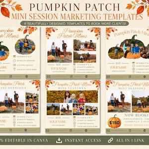 Op de afbeelding: Een set van zes digitale marketingtemplates voor fotosessies in een pompoenveld, voorzien van herfstbladranden, tijdelijke aanduidingen voor familiefoto's en tekstvelden voor sessiedetails, prijzen en contactgegevens, bewerkbaar in Canva.