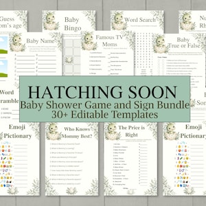 May include: A collection of printable baby shower game templates featuring a green dinosaur hatching from an egg and botanical leaf accents. The text includes titles like Guess Mom's Age, Baby Bingo, Word Search, Nursery Rhymes, and Hatching Soon.