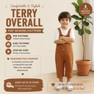 Może przedstawiać: Wzór krawiecki PDF na ogrodniczki Terry, z tekstem Comfortable & Stylish TERRY OVERALL PDF SEWING PATTERN, Instant Download, Easy to Print A4/US Letter, Step-by-Step Photo Instructions oraz rozmiarami 3M to 10 Years.