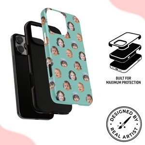 May include: A phone case with a light teal background featuring a repeating pattern of various children's faces. The case is shown in layers alongside a black phone. Text on the right reads BUILT FOR MAXIMUM PROTECTION and DESIGNED BY REAL ARTIST.